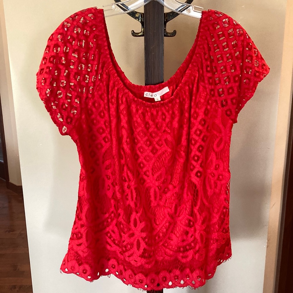 Cleo Red Top, with lace overlay, size large NWOT